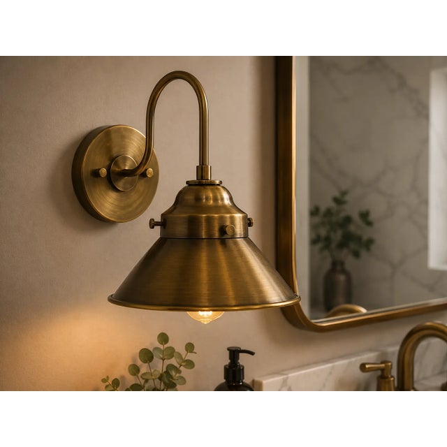 Metal Solid Brass Industrial Wall Sconce, Antique Brass Dome Shade, Farmhouse Bedroom Lighting For Sale - Image 7 of 11
