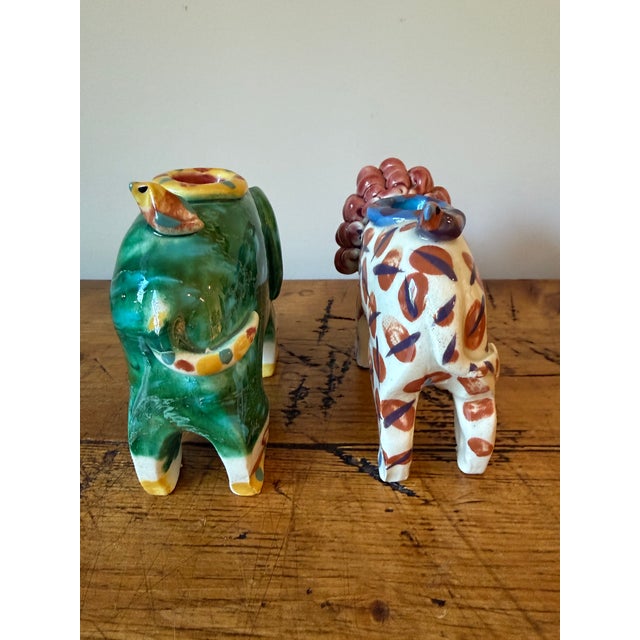 Pair of Sculpted Ceramic/Clay Whimsical Lion & Elephant Candlesticks For Sale - Image 4 of 15