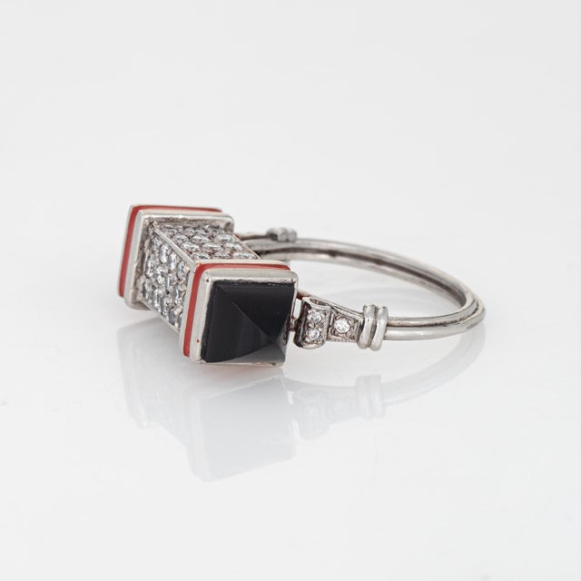 70s Vintage Diamond Cube Ring Onyx Enamel Sz 7 Platinum Fine Estate Jewelry For Sale - Image 4 of 6