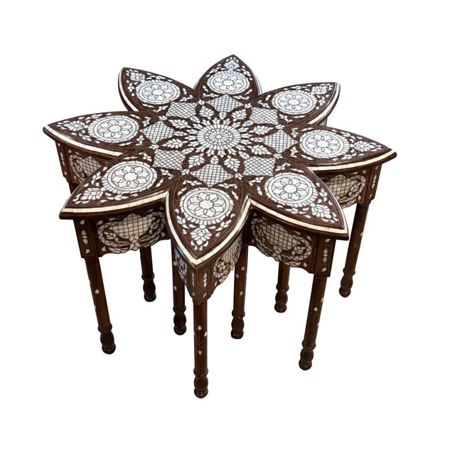 1990s Mother of Pearl Inlay Flower Shape Coffee Table With 8 Stools For Sale - Image 4 of 4