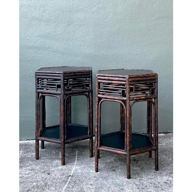 Wood Vintage Asian Fretwork Burnt Bamboo Side Tables - A Pair For Sale - Image 7 of 12