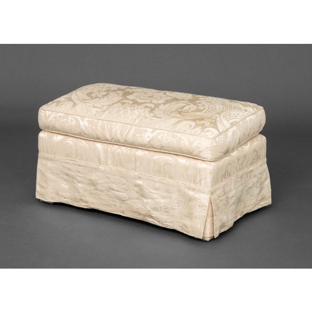 Modern White Silk Damask Upholstered Ottoman. 30" W x 18" D x 11.5" H. Provenance: From a 500 Park Avenue Estate.