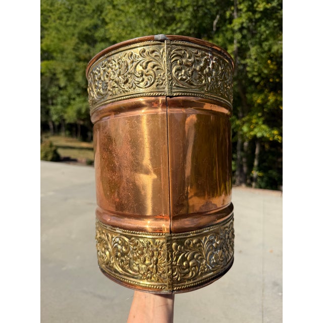Antique Copper & Repoussé Brass Victorian-Style Wastepaper Basket / Decorative Waste Bin For Sale - Image 11 of 12