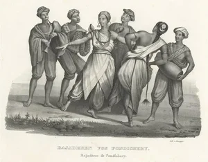 Schinz, Musicians and Bajadere Dancers from Pondicherry, India, 1845, Print