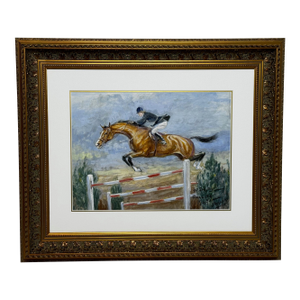 Equestrian Painting Leap of Legend: Pat Smythe and Finality, 1949 Exhibited: Paris Salon, 1956 Framed