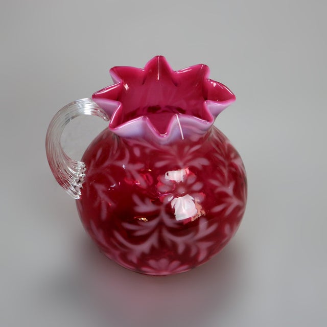 Antique Victorian Cranberry and Opalescent Glass Pitcher with Ruffled Rim and Applied Handle C1900 Measures - 6.5"H x...