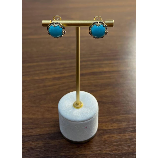 Blue Blue Teal Turquoise Diamonds Halo Floral 14k Yellow Gold Statement Earrings - Set of 2 For Sale - Image 8 of 12