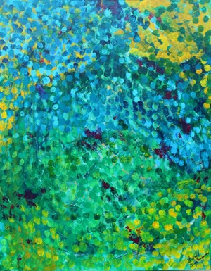 "Visitor in the Garden" Contemporary Painting * Original Abstract Canvas Art * Blue Green Yellow
