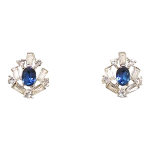 Vintage 1950s Crown Trifari Rhodium Plated Faux-Sapphire Clip Earrings - 2 Pieces
