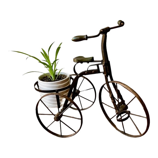 Vintage Decorative Metal Tricycle Planter With Spoked Wheels and Brass Accents For Sale