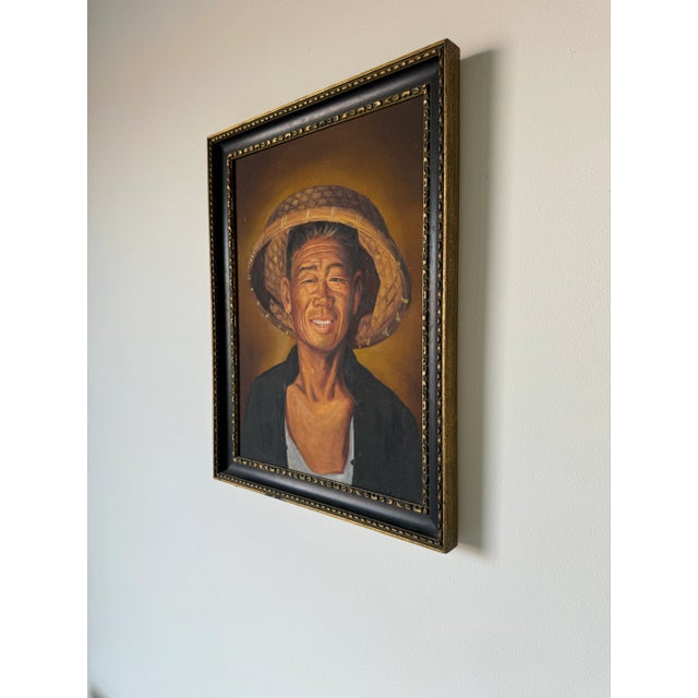 70's Vintage Oil Portrait Painting of Chinese Man With Hat For Sale - Image 4 of 11