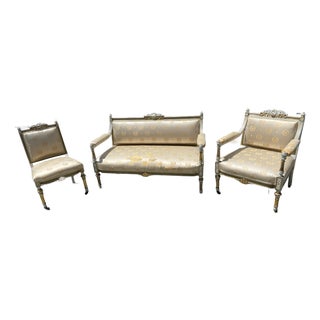 19th Century French Louis XV Style Gold Giltwood 3-Piece Parlor Salon Suite For Sale