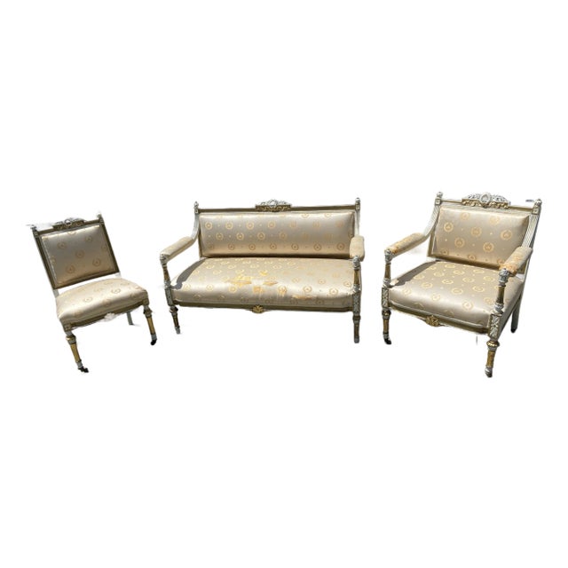 19th Century French Louis XV Style Gold Giltwood 3-Piece Parlor Salon Suite For Sale