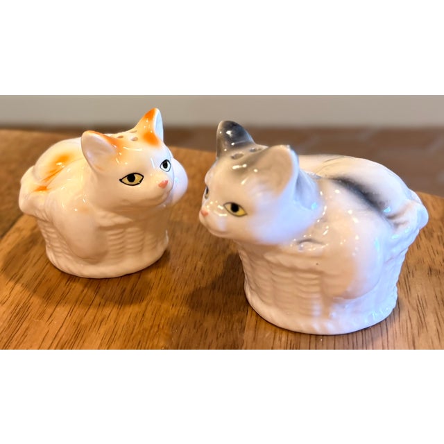 1990s Trompe-l'Oeil Ceramic Cats in Baskets Salt and Pepper Shakers - a Pair For Sale - Image 11 of 12