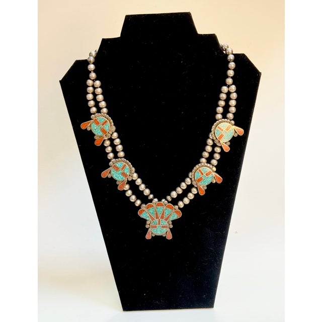 American 1970s Native American Silver Kachina Necklace With Turquoise & Coral Chip Inlay For Sale - Image 3 of 9