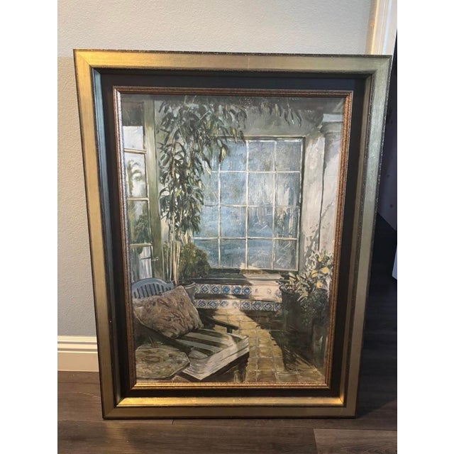 Bring timeless elegance to your home with this large original Dennis Carney framed painting featuring a serene sunroom...
