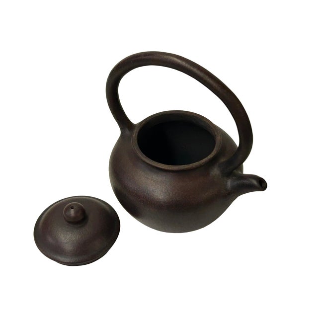 Chinese Handmade Dark Brown Zisha Clay Arch Handle Display Teapot Art For Sale - Image 11 of 13