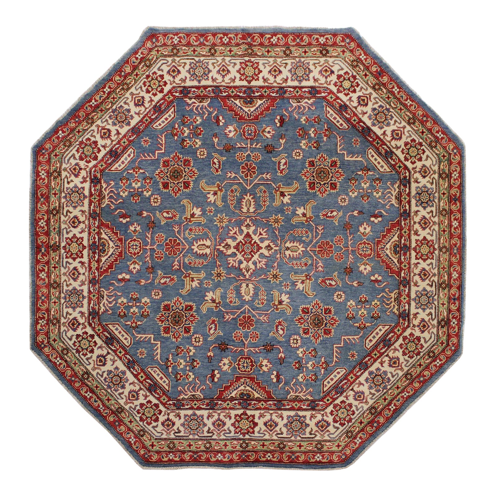 Bohemian Kazak Blue/Ivory Wool Octagon Rug- 7'8'' X 7'9'' | Chairish