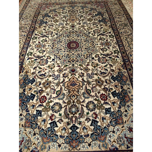 French Country Vintage Persian Nain Room Size Rug, Handwoven Floral Pattern, Ivory & Blue, 7’ X 11’ For Sale - Image 3 of 12