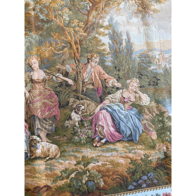 Mid 20th Century French Gobelins Pastoral Tapestry Wall Hanging With Solid Wood Hardware For Sale - Image 13 of 16
