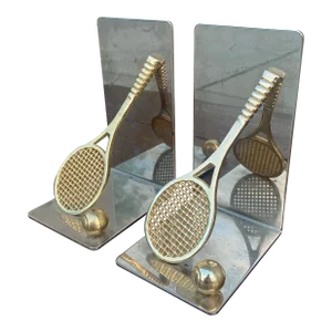 Vintage Cast Brass Double Tennis Racket Bookends, Pair