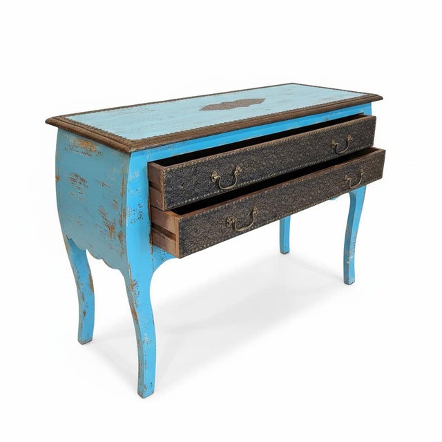 Far Pavilions 1990s Distressed Blue Wooden Console Accented With Hand Hammered Brass Foil For Sale - Image 4 of 7