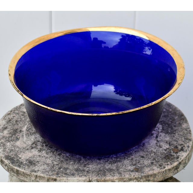 Glass Vintage Cobalt Blue Glass Bowl Gold Rim Textured Pebble Art Glass For Sale - Image 7 of 15