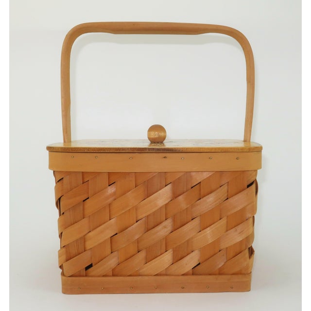 Mid-Century Modern Scandinavian Rosemaling Folk Art Painted Wood Basket Handbag For Sale - Image 3 of 14