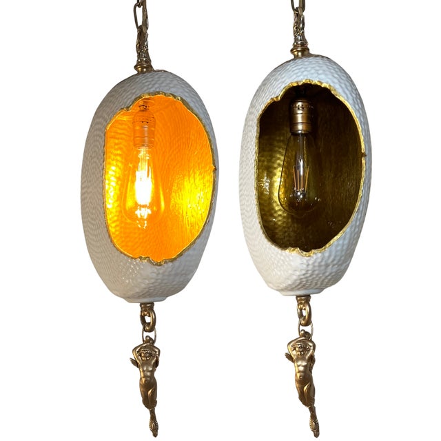 Contemporary Antique Abstract Egg Shaped Shade With Sculptural Dragon Goddess Finial Pendant Light For Sale - Image 3 of 18