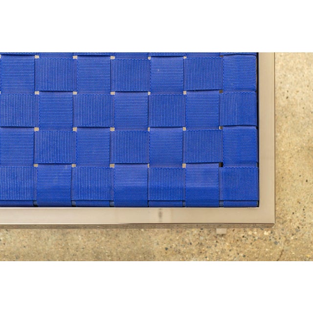 Mid Century Modern Chrome and Blue Strap Bench Milo Baughman Style For Sale - Image 10 of 10