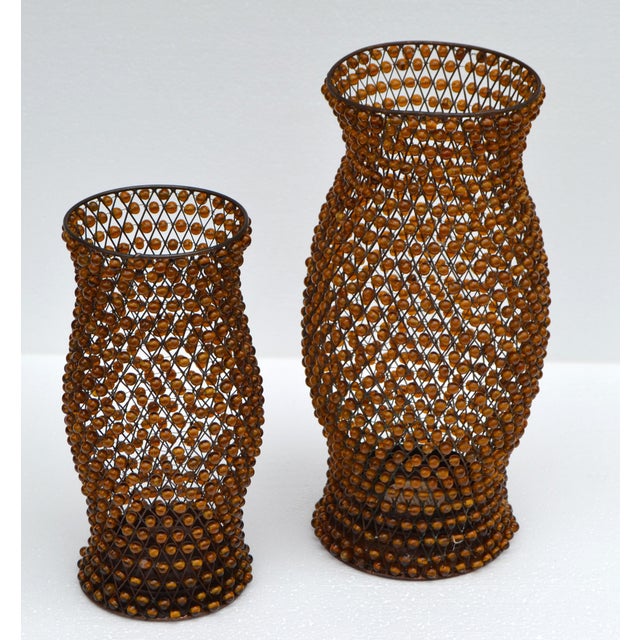 1980s Set 2 Vintage Decorative Amber Gemstone Beaded Lattice Hourglass Shaped Candle Holders For Sale - Image 5 of 15