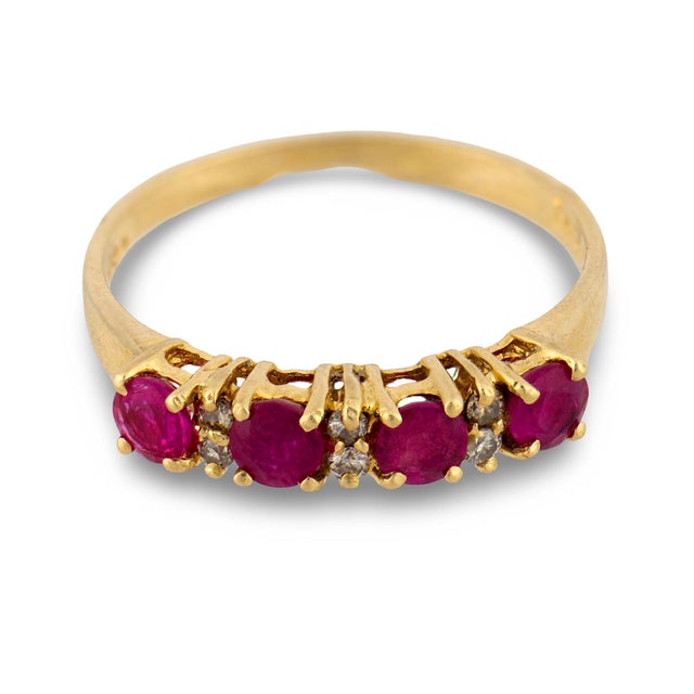 Contemporary Vintage Ruby Diamond 14k Yellow Gold Band, Size 6 For Sale - Image 3 of 5
