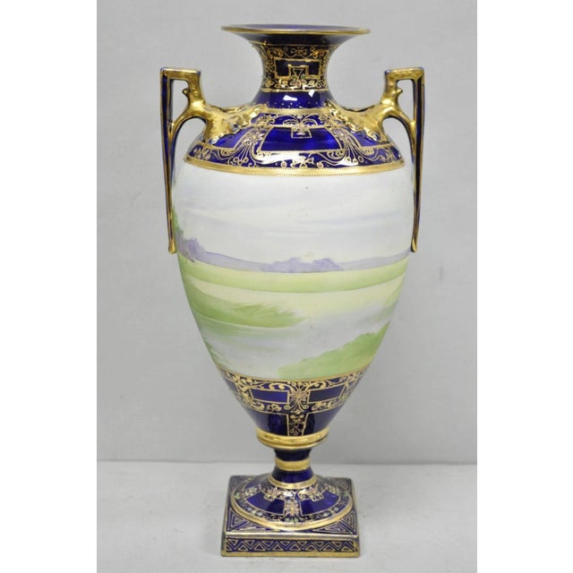 Antique Nippon Hand Painted Cobalt Blue Porcelain Twin Handle Bolted Urn Vase For Sale - Image 15 of 18
