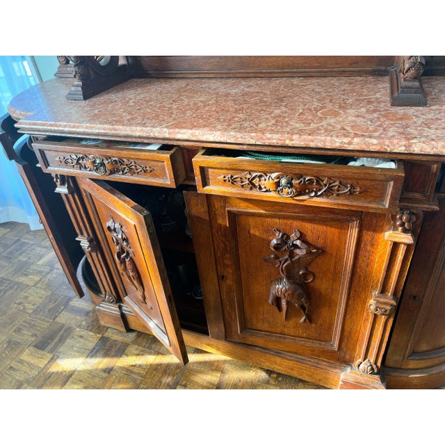 Wood Early 20th Century Victorian Carved Oak Sideboard Buffet Cabinet With Marble Top For Sale - Image 7 of 10