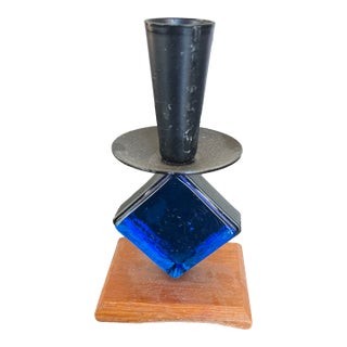 Mid Century Sweden Blue Glass Candlestick by Bo Svensk Erik Hoglund Teak Base & Iron For Sale