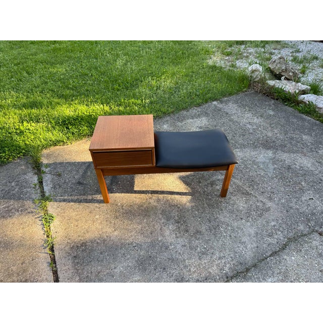 Mid-Century Modern Vintage Teak Telephone Bench with Vinyl Seat, 1960s For Sale - Image 3 of 11