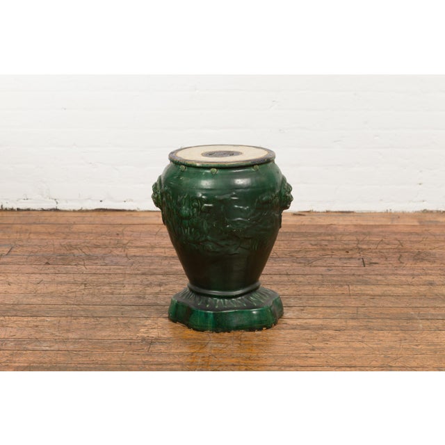 Antique Annamese Green Glazed Ceramic Garden Seat on Shaped Base For Sale - Image 4 of 12