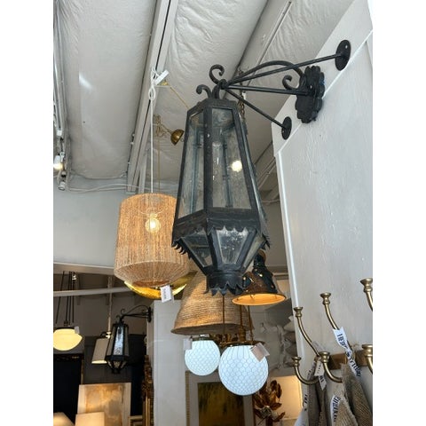 Vintage Iron Lantern Wall Sconces With Glass Seeded Panels - a Pair For Sale - Image 12 of 17