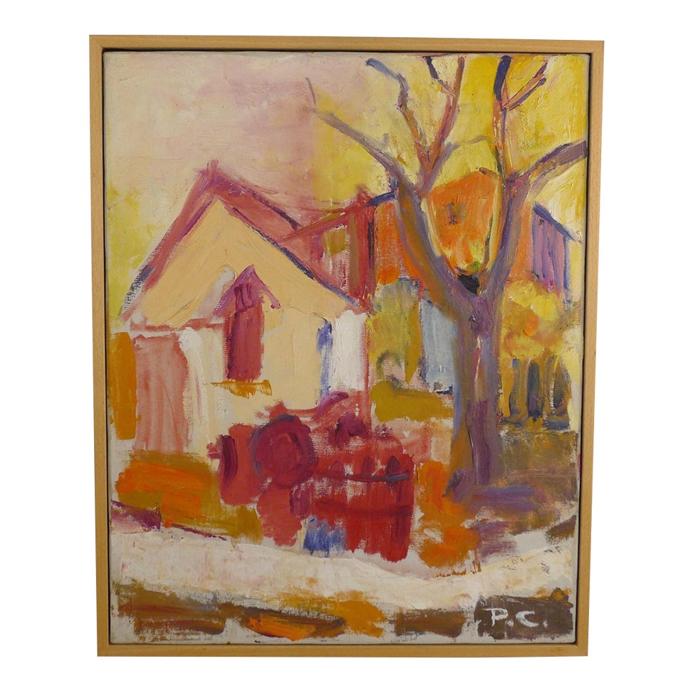 Late 20th Century Autumn House and Bare Tree Expressionist Landscape ...