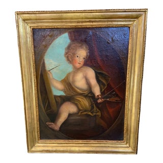 Large Classical Allegorical Artist Cherub Oil Painting in Giltwood Frame For Sale