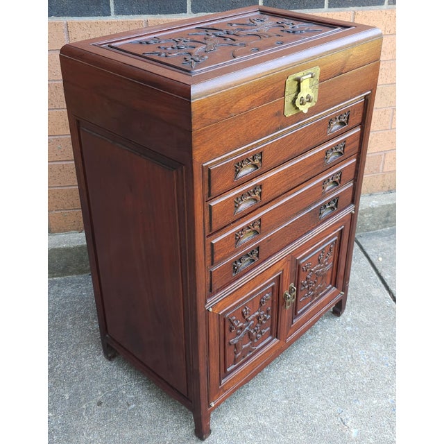 Wood Mid-20th Century Chinese Carved Rosewood Siver Chest Cabinet For Sale - Image 7 of 12