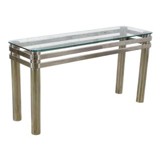 Modern Console Sofa Table Chrome Rectangle With Glass Top Style of Pace or Karl Springer For Sale