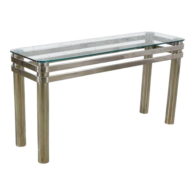 Modern Console Sofa Table Chrome Rectangle With Glass Top Style of Pace or Karl Springer For Sale