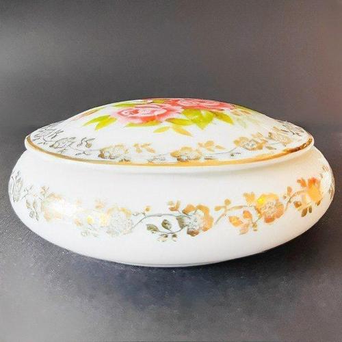 Vintage Limoges porcelain trinket box/jewelry box with flowers and gold decoration, Souvenir de Lourdes, from the 1970s....