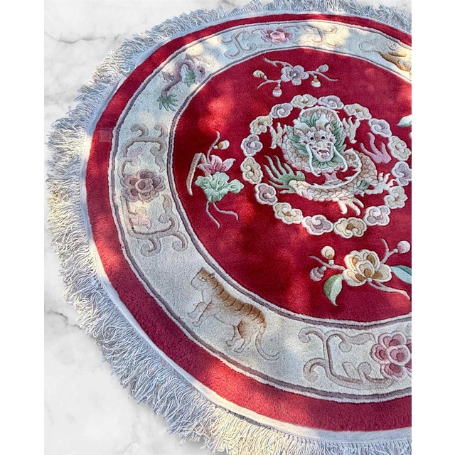 Chinese Vintage Mid-Century Hand-Knotted Chinese Wool Dragon Rug 5ft (4’11”) Round Accent Rug. Excellent Vintage Condition. For Sale - Image 3 of 7