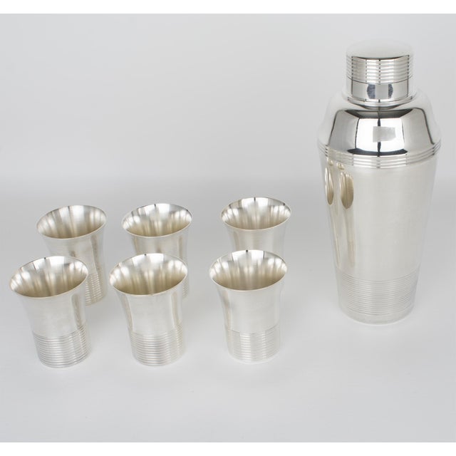 Silver 1940s Art Deco Silver Plate Cocktail Shaker and Six Barware Glasses - 7 pcs For Sale - Image 8 of 15