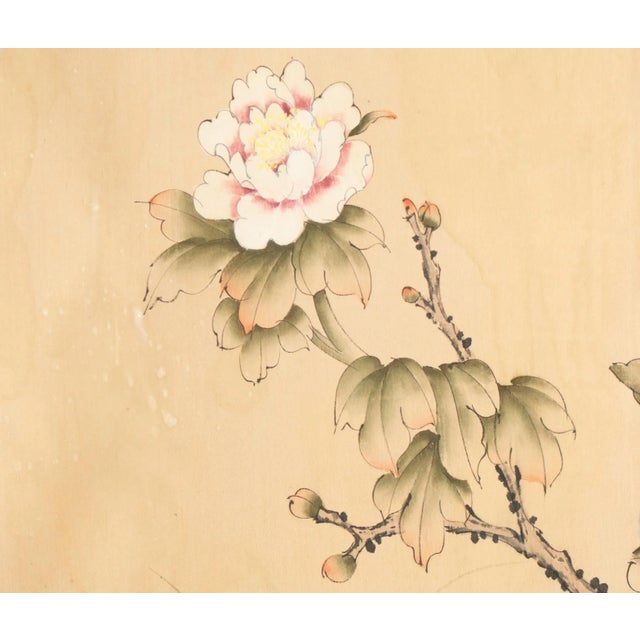 C. 1950s Vintage Chinese Watercolor Scroll Painting "Peonies" on Silk, Signed For Sale - Image 4 of 12