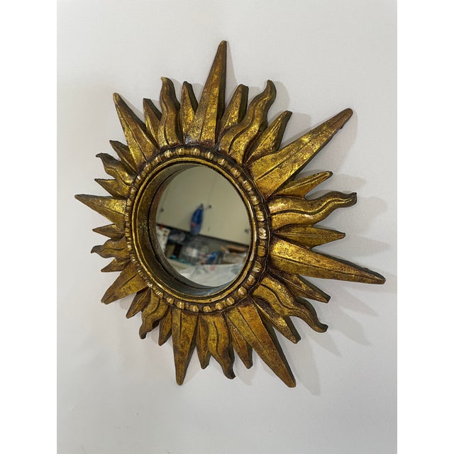 Vintage Mid 20th Century 12.5" Gilded Sunburst Accent Wall Mirror For Sale - Image 14 of 18