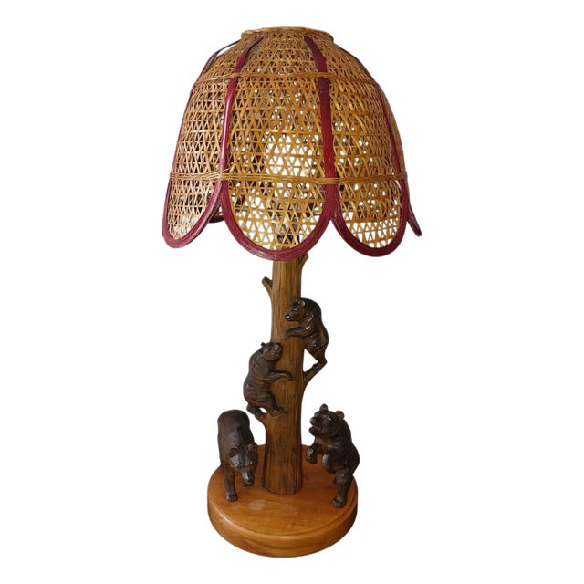 Black Forest Rustic Bear Family Table Lamp with Wicker Shade, 1950s For Sale