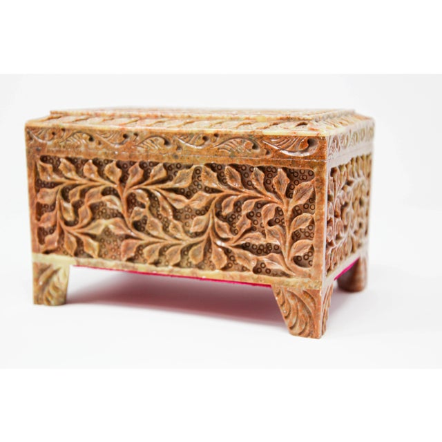 Anglo Raj carved soap stone footed jewelry box.. Handcrafted decorative box with foliage design with soap stone natural...